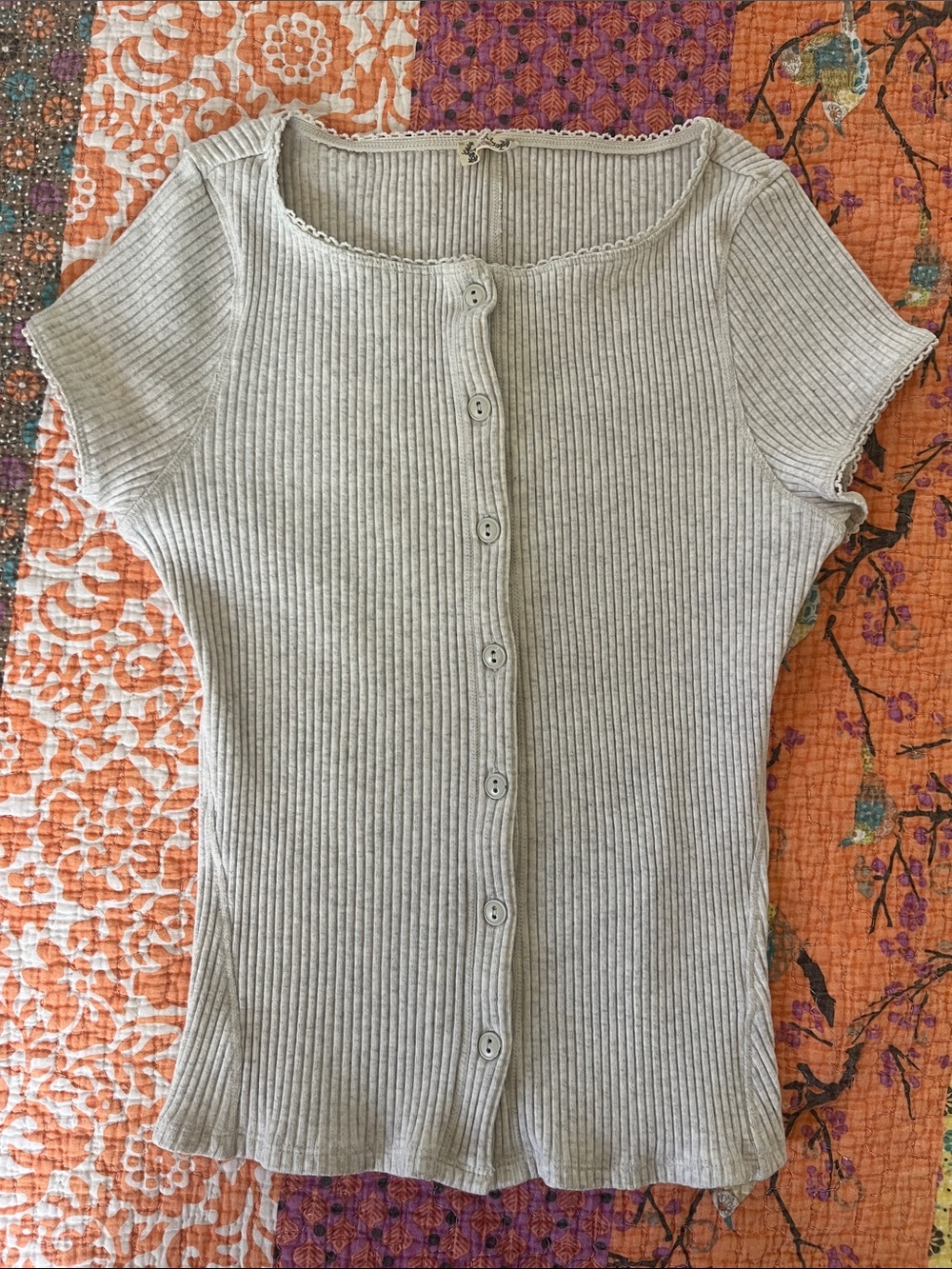 Free People Light Gray Ribbed Lace-Trim Tee